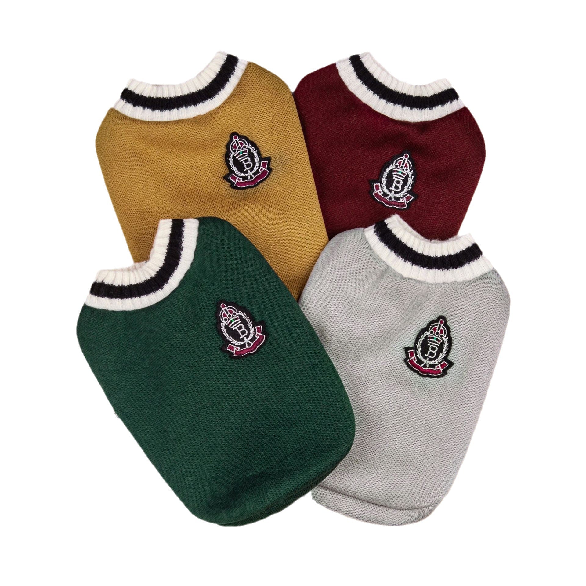 Knitted preppy V-neck pet jumper vest in Student Red, showing size and shape