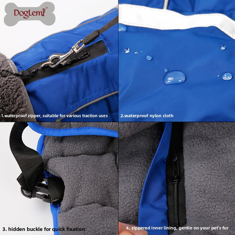 Water-resistant padded dog winter coat with reflective trim in Purple, in a home setting