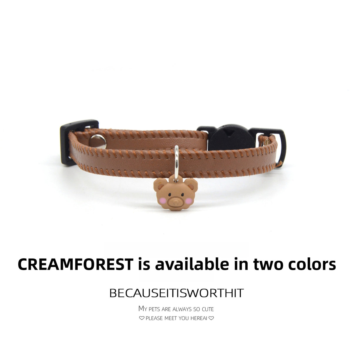 Soft leather cat collar with bear charm and buckle, product image 3