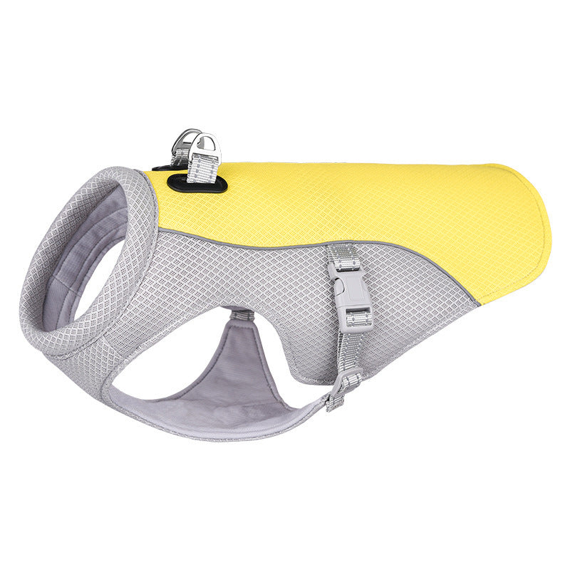 Dog wearing a blue breathable summer cooling vest