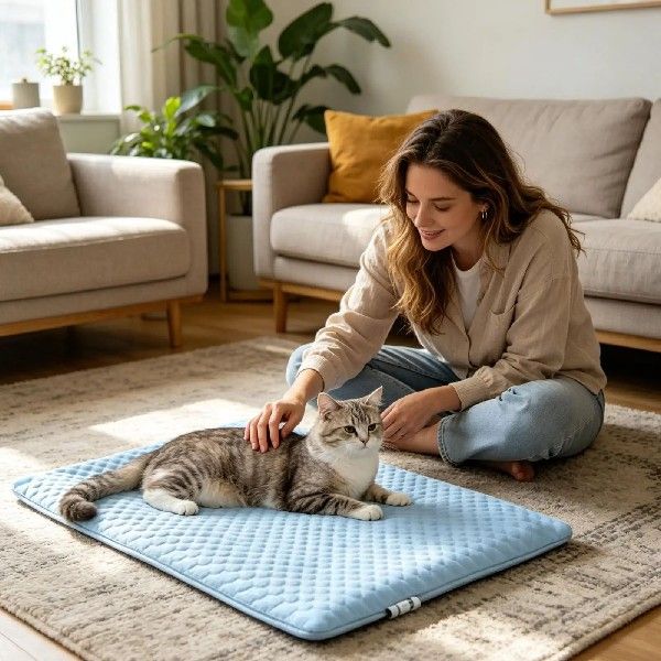 Washable ice silk pet cooling mat with a cat lying on it, view 5