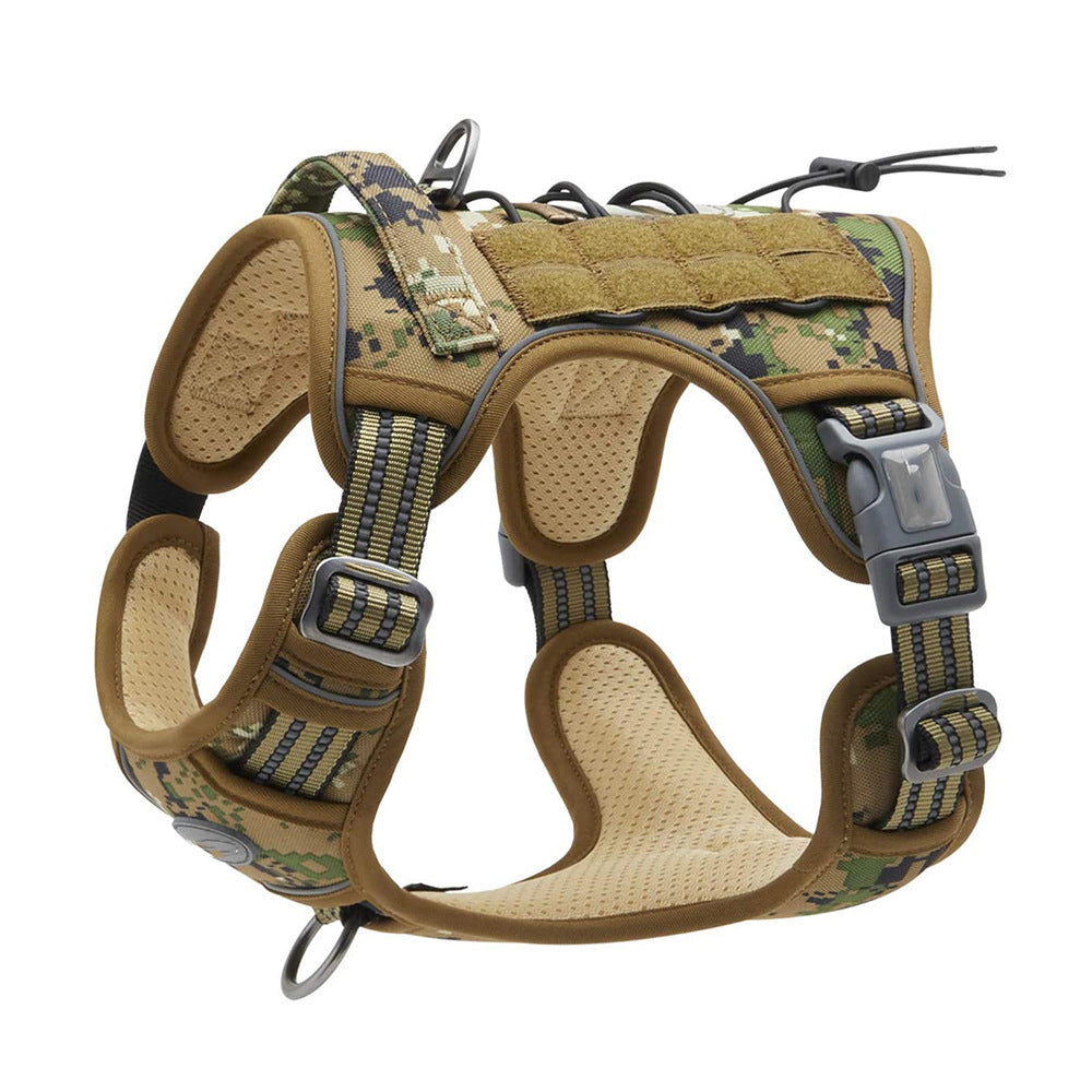Tactical nylon dog harness with metal buckles in desert camo, view 27
