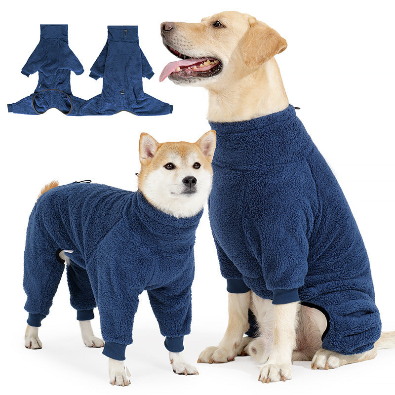 Dog wearing a thick plush high neck jumpsuit in leopard print