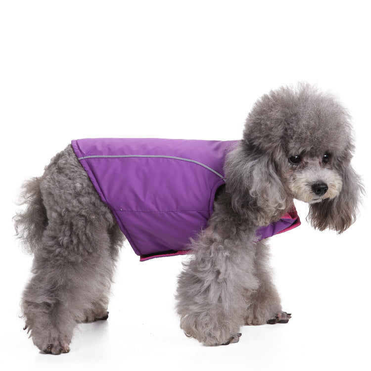 Windproof hooded dog jacket with zip front in Purple Style B, showing size and shape