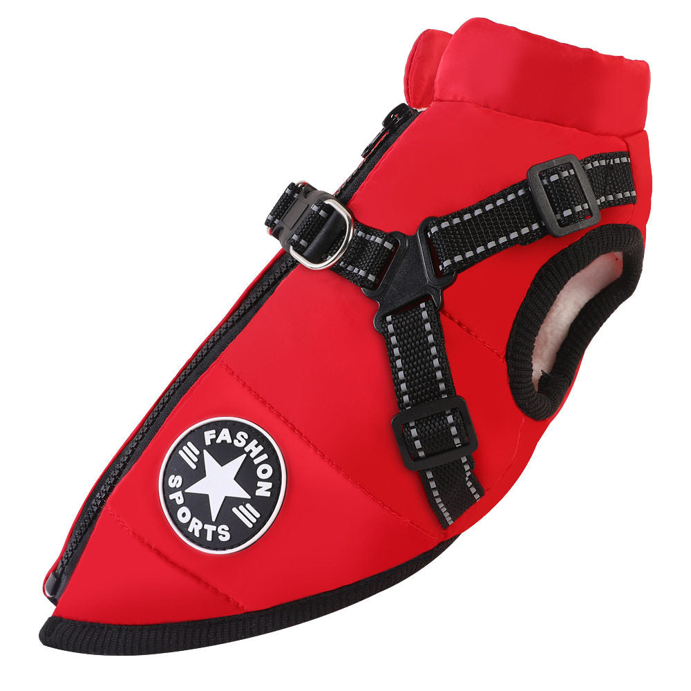 Fleece lined padded dog vest with reflective strips in Red, in a home setting