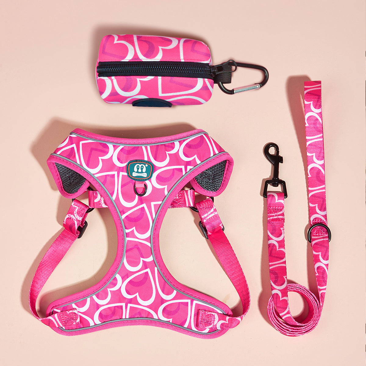 Heart print dog harness and lead set, 4 sizes available