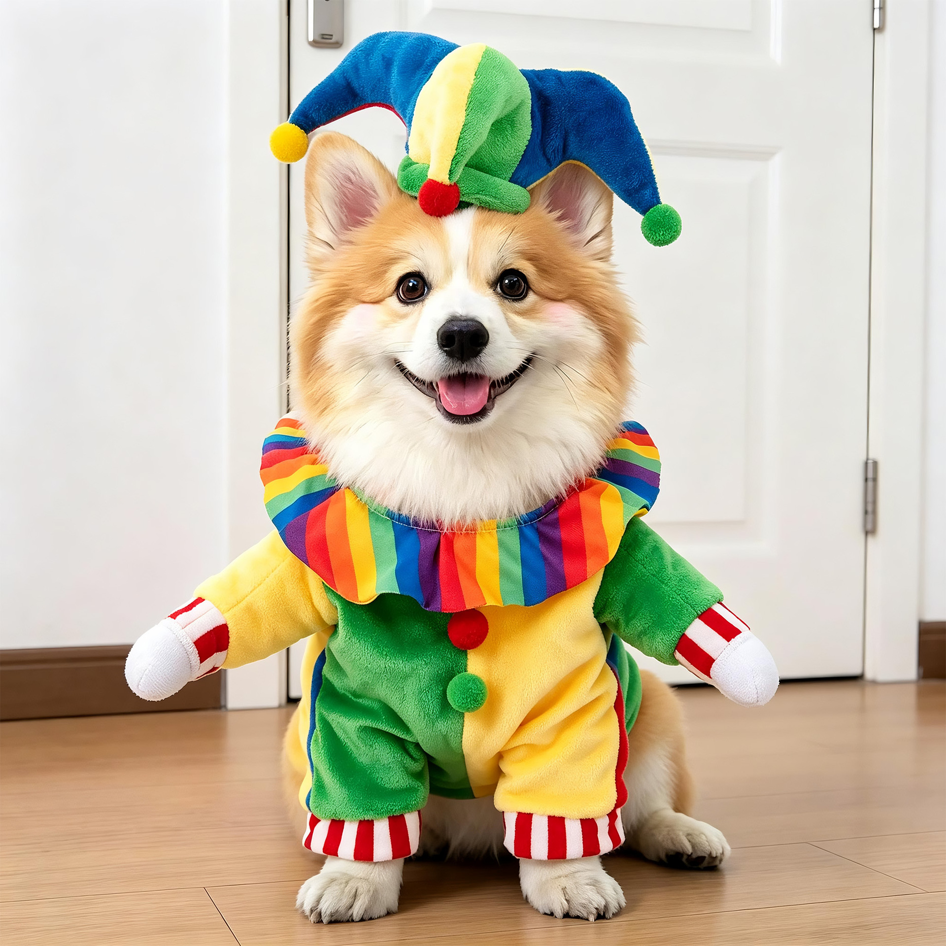 Small dog dressed in a funny clown Halloween costume