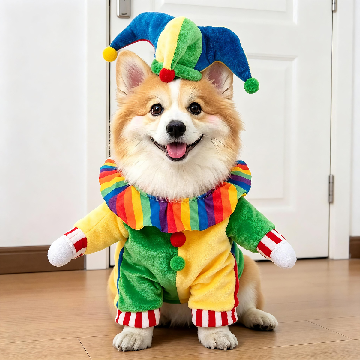 Small dog dressed in a funny clown Halloween costume
