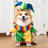 Small dog dressed in a funny clown Halloween costume