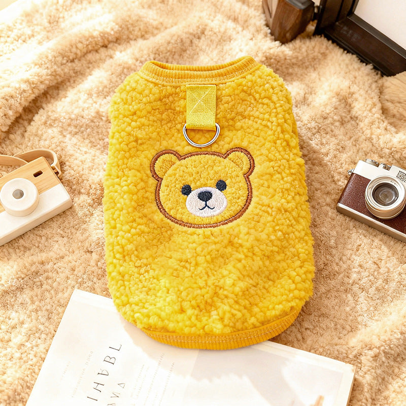 Sherpa fleece bear dog vests in blue, yellow and brown with leads