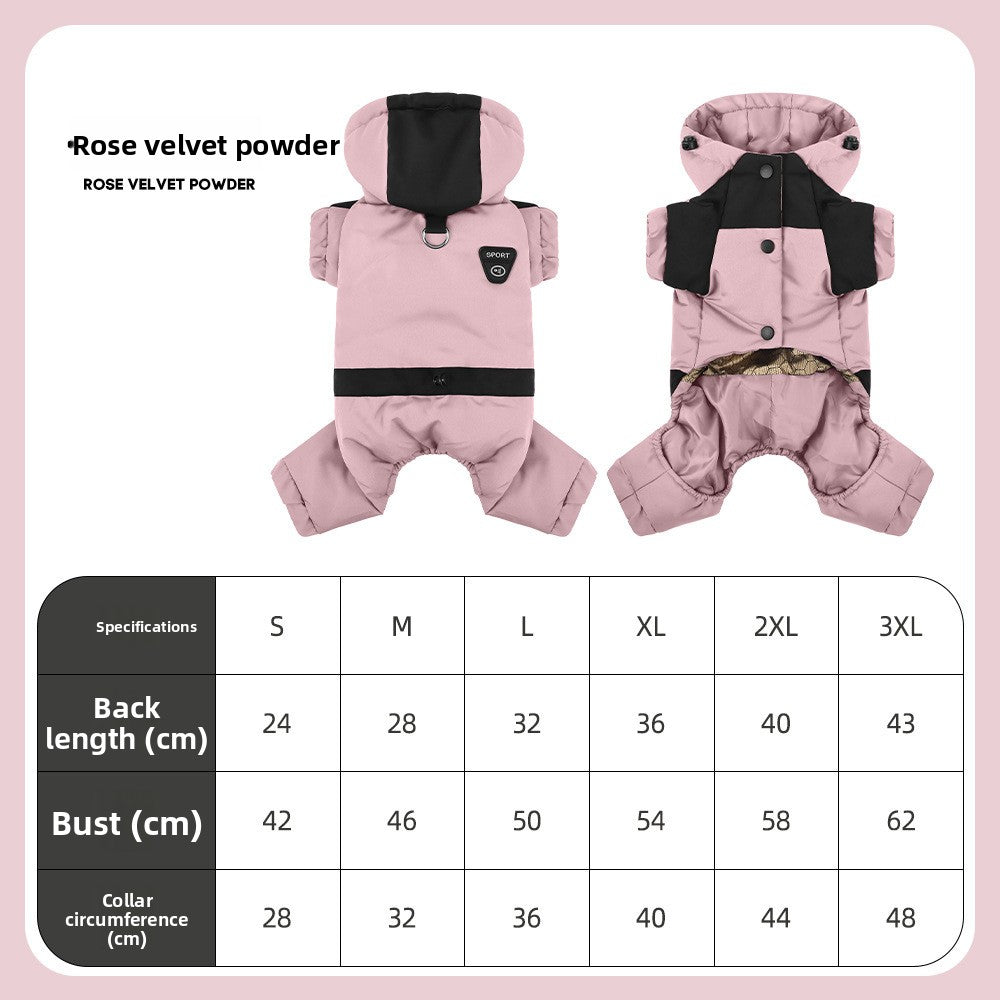 Small dog in a rose pink hooded four leg winter jacket