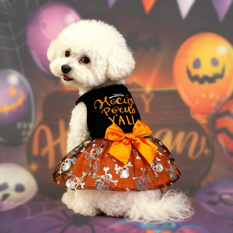 Black Halloween skull print pet dress with mesh skirt for dogs and cats, image 3