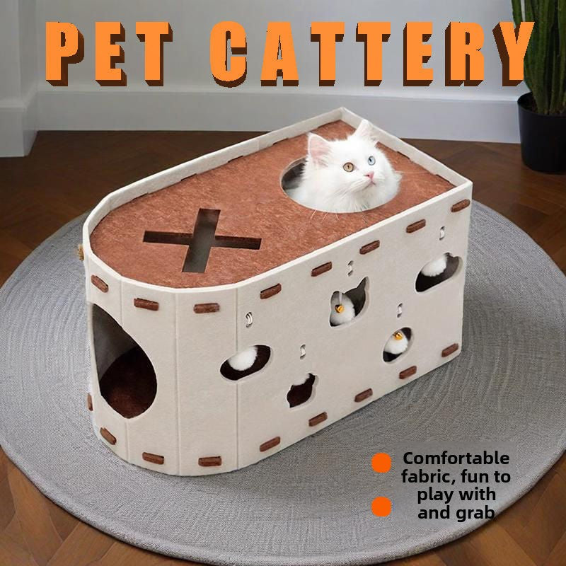 Beige double layer felt cat bed and scratching board, view 4