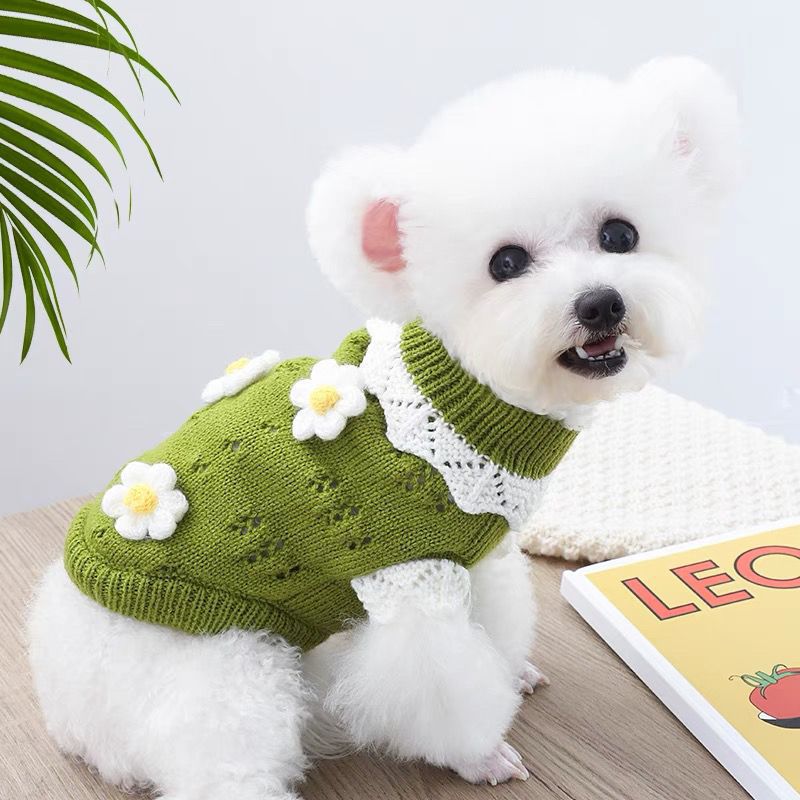 High collar knitted pet vest with floral embroidery in Pink Floral, front view