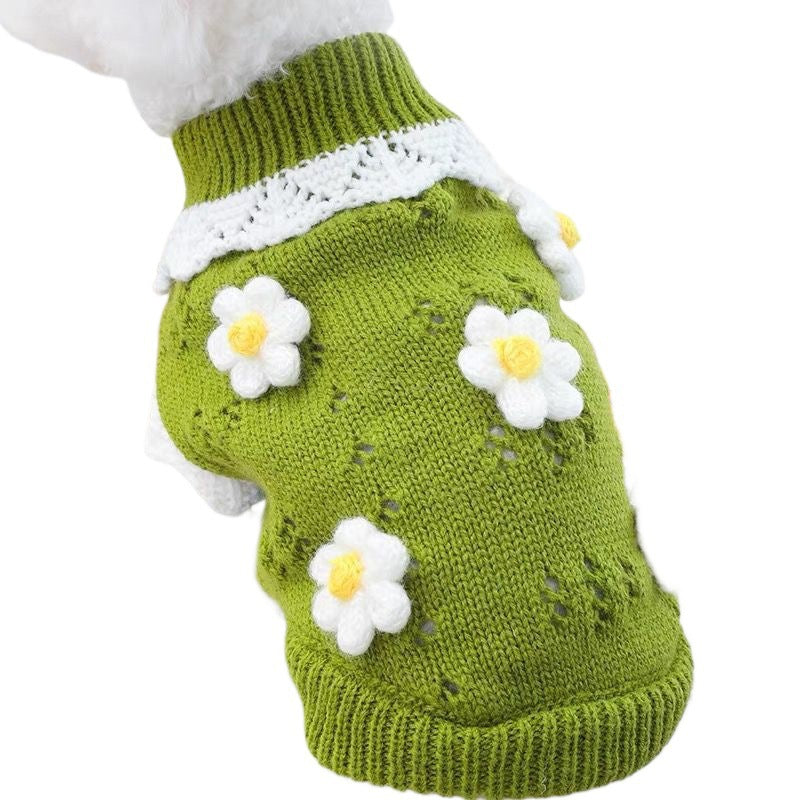 High collar knitted pet vest with floral embroidery in Rose Red Rabbit Check, side view