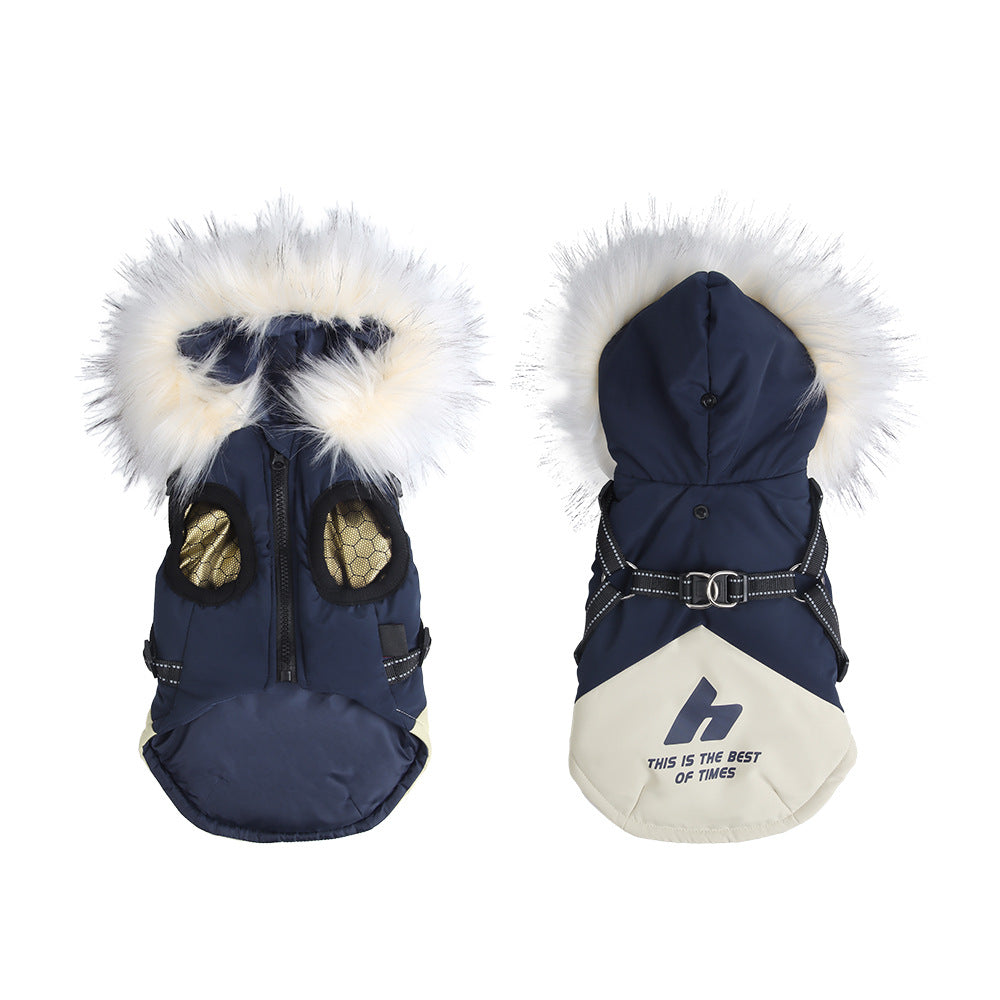 Hooded padded dog jacket with faux fur collar in Green, side view