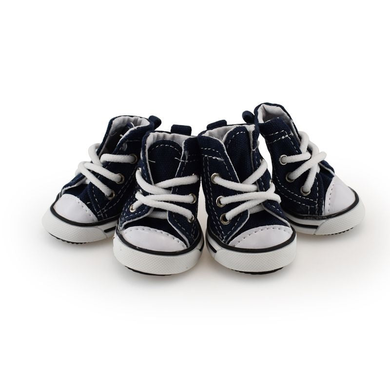 Denim canvas dog shoes with anti-slip sole in Dark Blue, showing size and shape