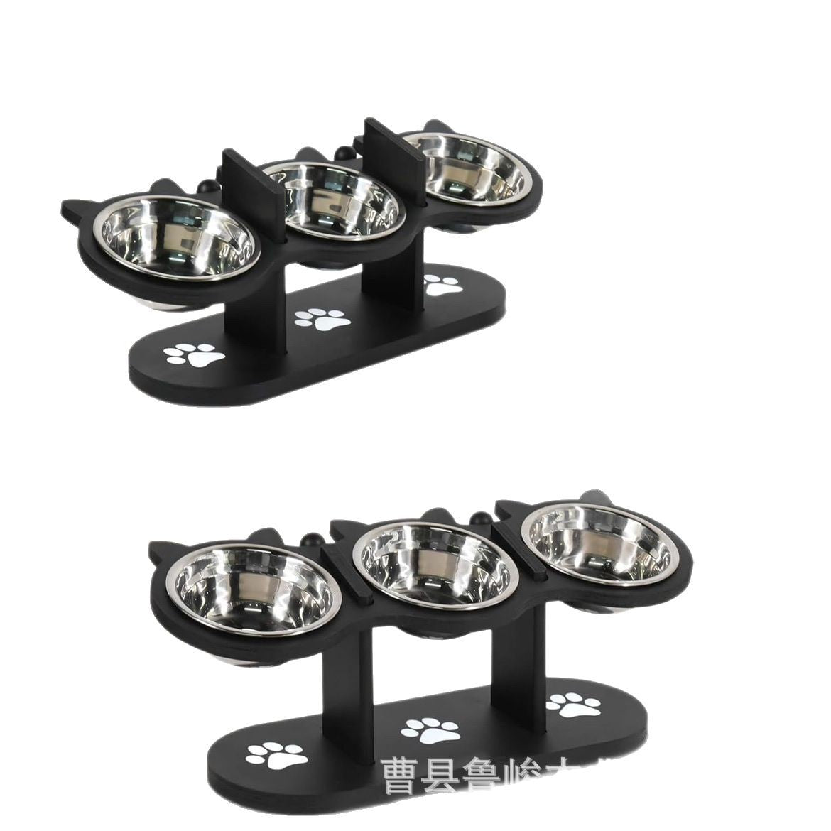 Black raised feeding station holding three pet bowls