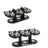 Black raised feeding station holding three pet bowls