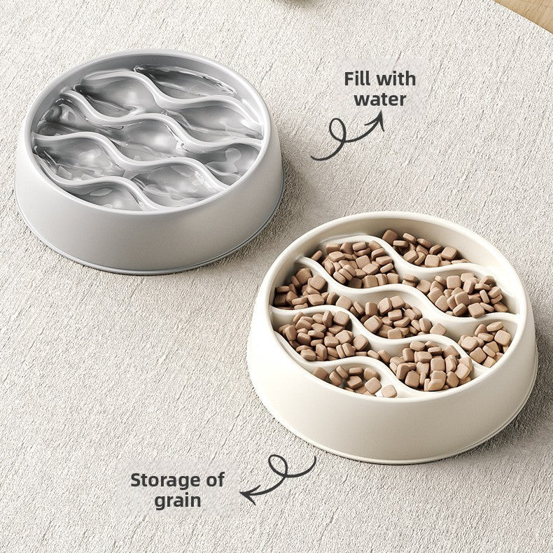 Paw Print and Wave Slow Feeding Pet Bowl with Anti-Slip Base in Light Grey or Milky White