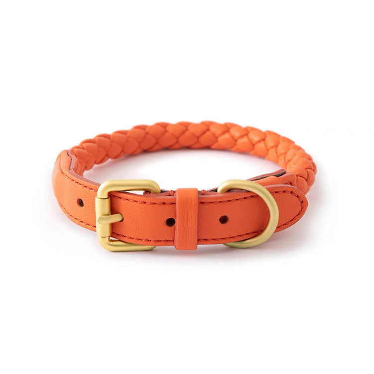 Woven leather look dog collar and lead in sunlight yellow