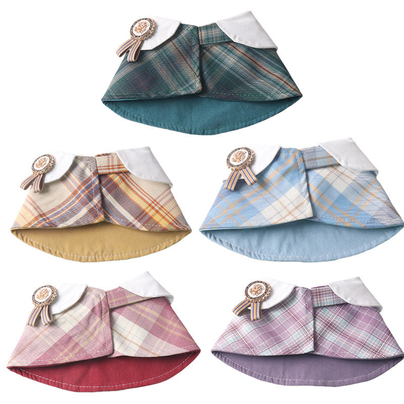 Checked cotton pet cape collar for dogs and cats in Purple, front view
