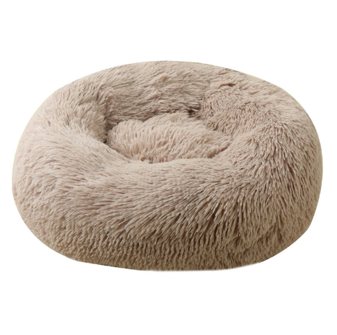 Light grey round long plush pet bed for cats, photo 2