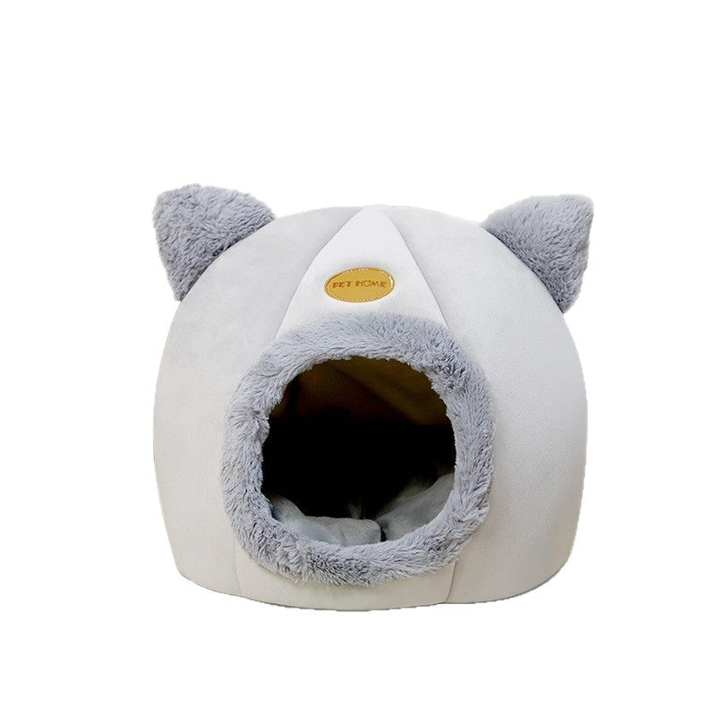 Grey enclosed cat head pet house with washable pad, view 2