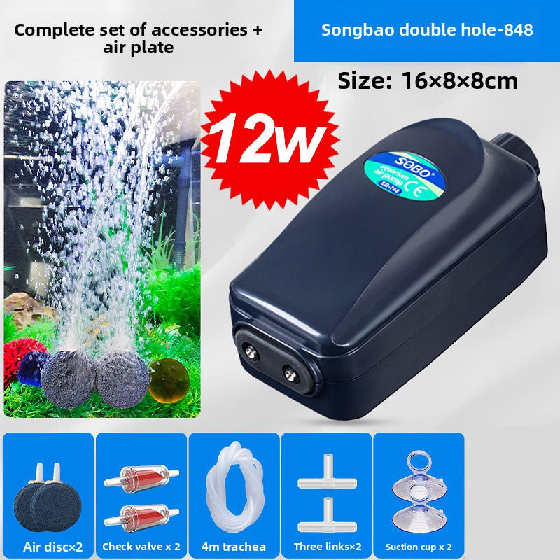 Quiet two outlet aquarium air pump with air stones and tubing, view 9