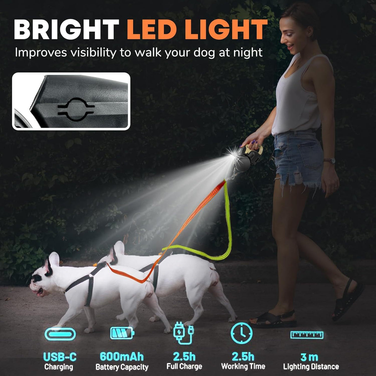 Dual head retractable lead with USB rechargeable LED light, product image 2