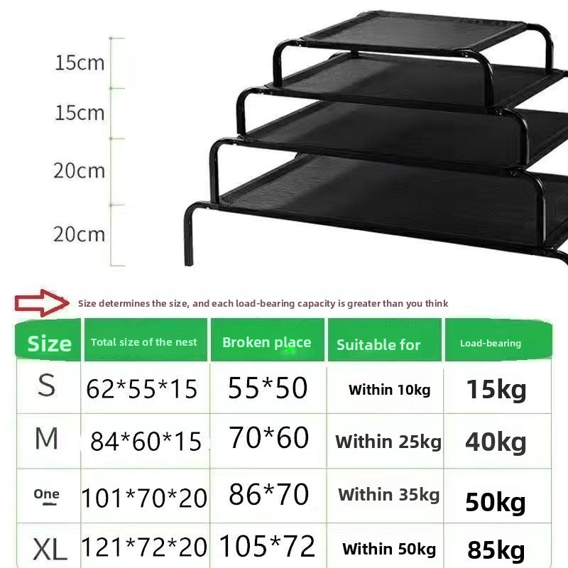 Elevated camping dog bed with steel frame and breathable mesh