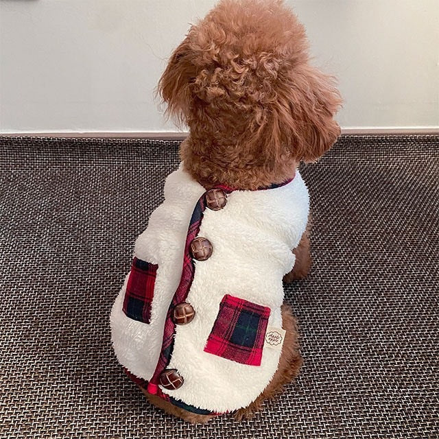 Christmas coral fleece pet vest with matching scarf, in a home setting