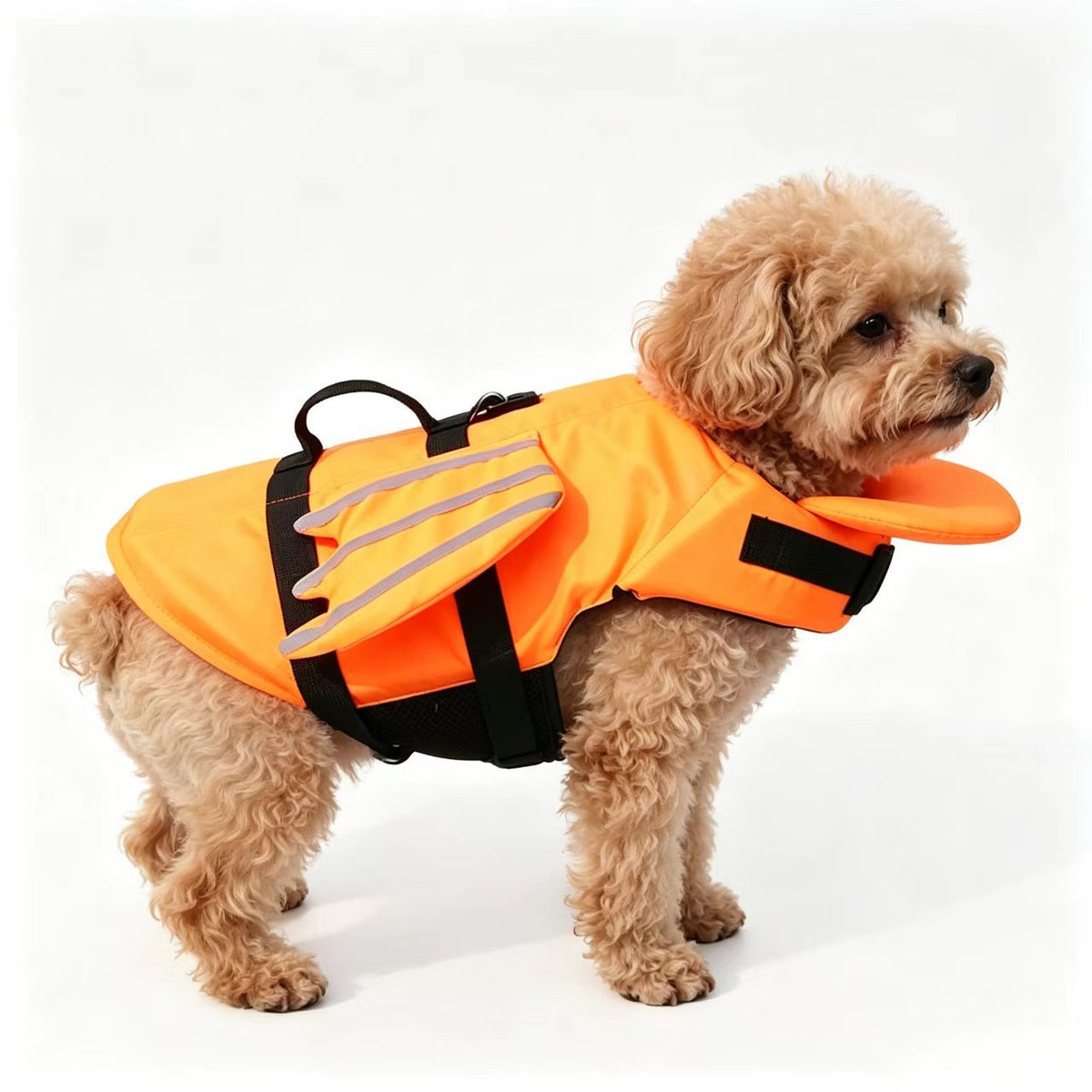 Dog swim vest with reflective angel wings in Rose Red, side view