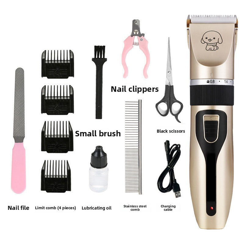 Cordless pet hair clipper with comb guides, shown in 8 colours and styles