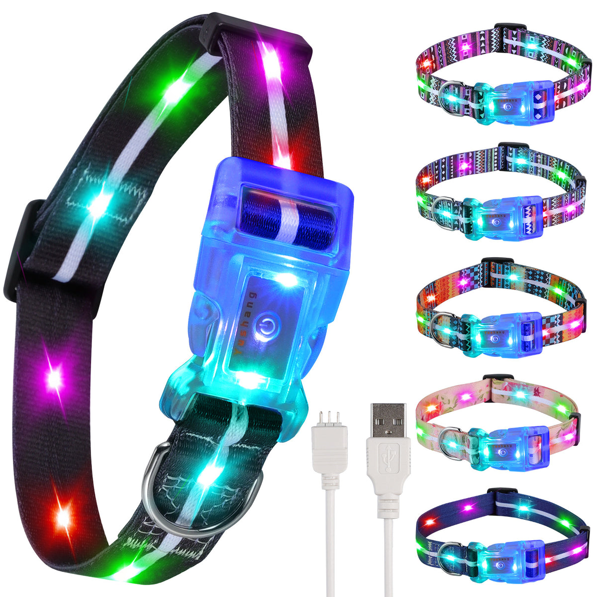 Striped light up dog collars in blue and black designs