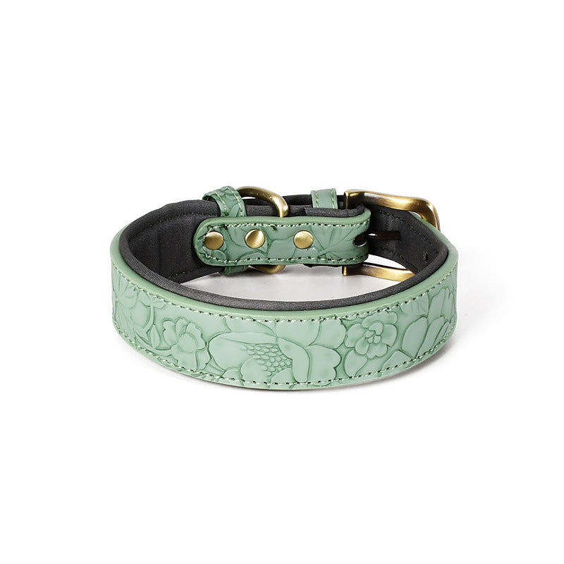 Embossed pattern leather look dog collar in brown