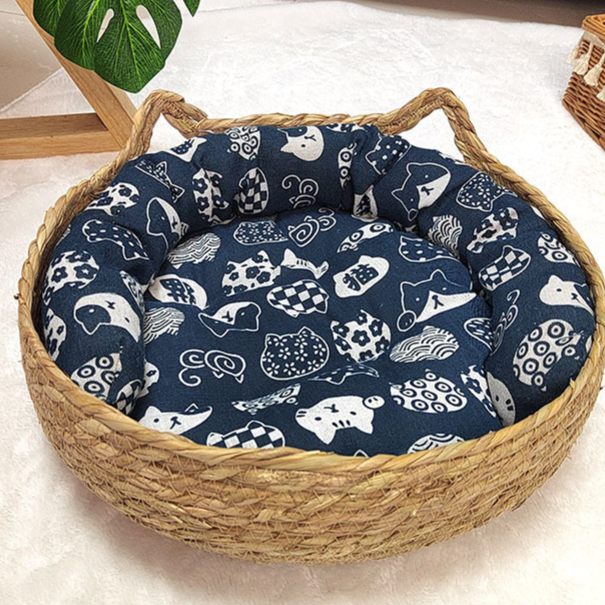 Woven cattail grass cat nest with cute cat ears, product image 21