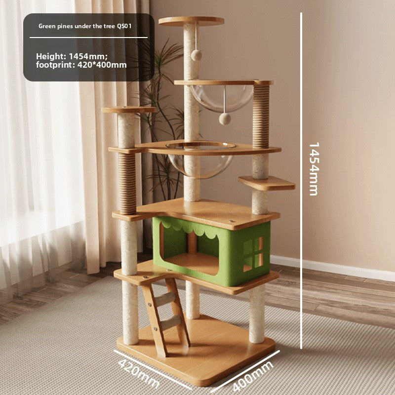 Pine green multi-level cat climbing tower with sleeping pods, photo 6