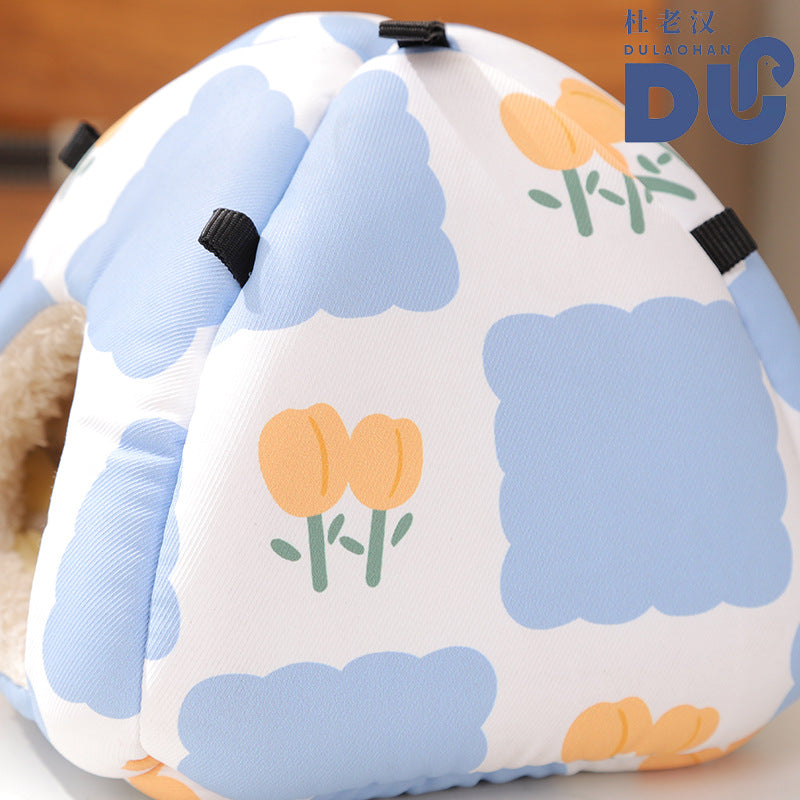 Small pet yurt den in blue and white tulip fabric