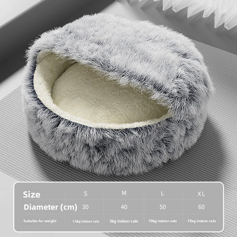 Grey semi enclosed long pile velvet cat bed, view 6