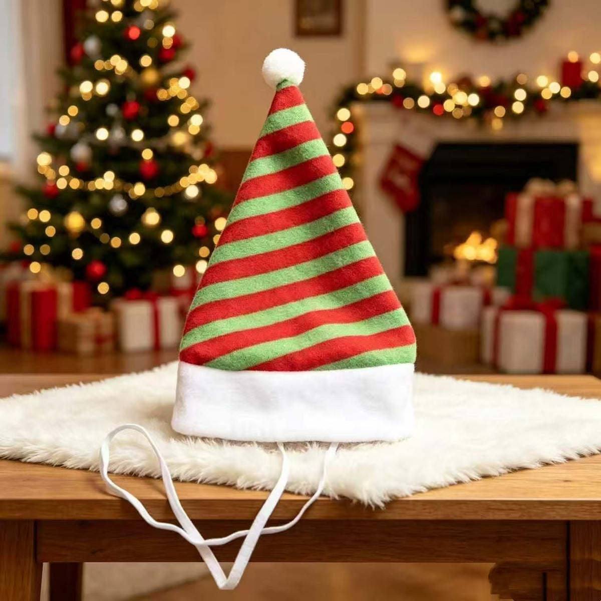 Plush Christmas pet hats in red, plaid and stripes