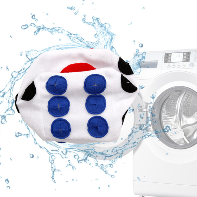 Plush fleece dice dog toy shown with water splash and washing machine