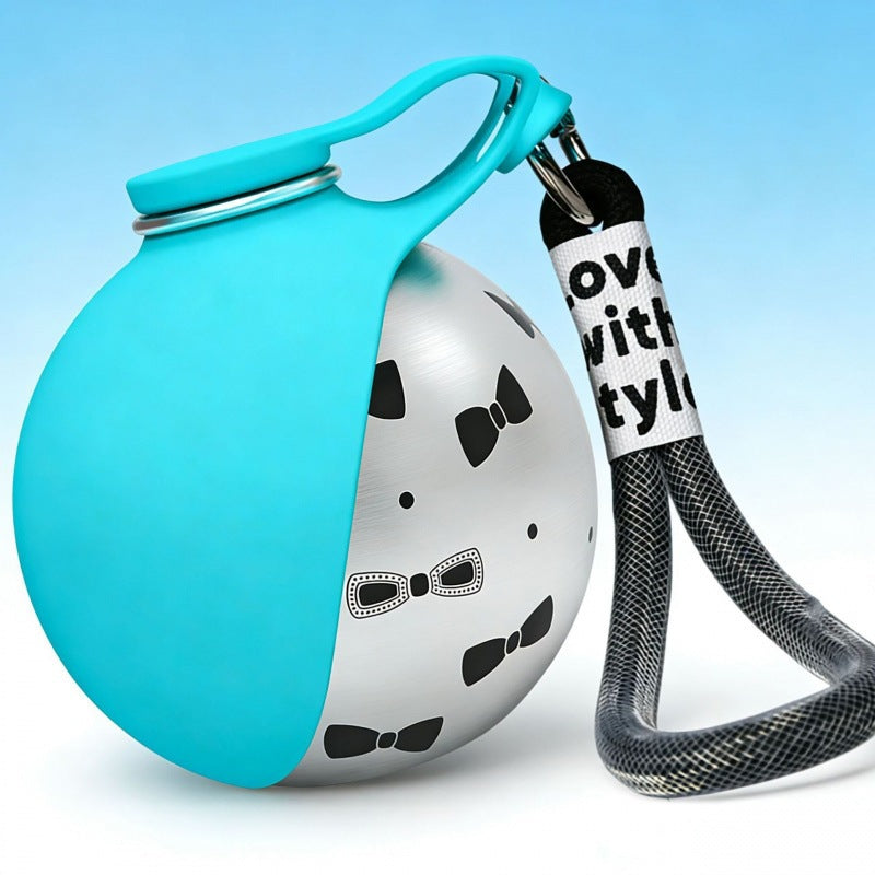 Ball-Shaped Foldable Pet Water Bottle with Carry Hook in Stainless Steel or Plastic