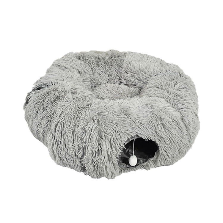 Grey donut tunnel plush cat bed with hanging ball, view 4