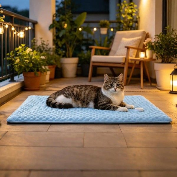 Washable ice silk pet cooling mat with a cat lying on it, view 3
