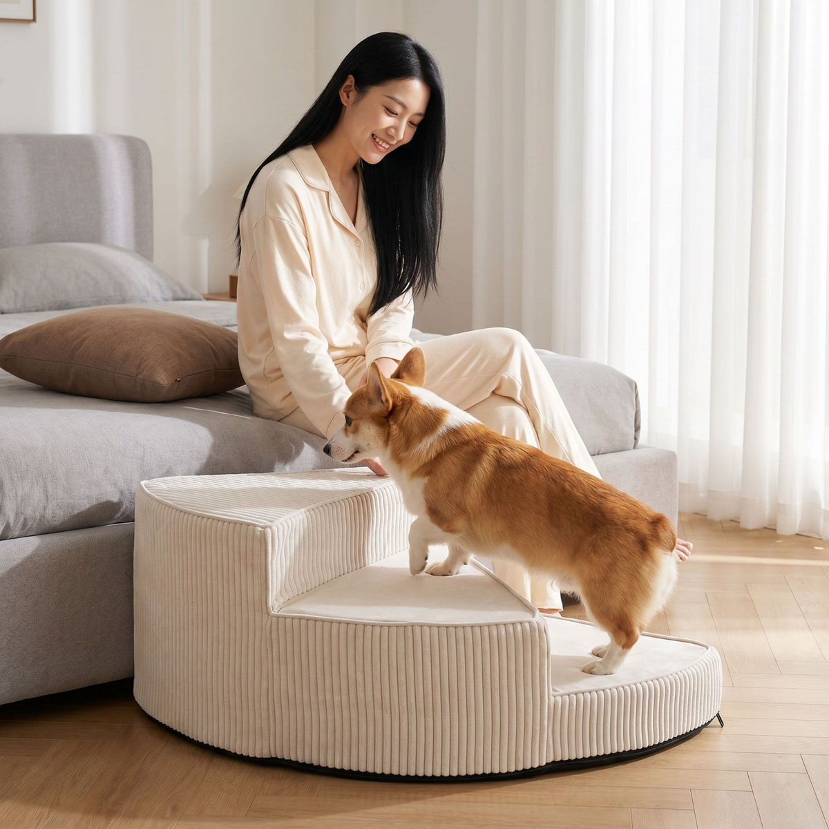 Curved sponge pet stairs with washable cover, shown in 8 colours and styles