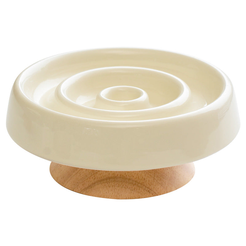 Round Ceramic Slow Feeder Bowl 15.5cm with Raised Pattern and Optional Wooden Base