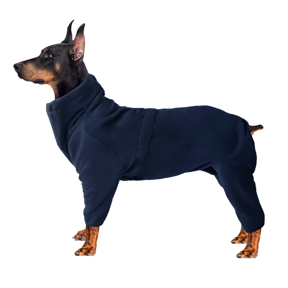 Adjustable high neck fleece coat for large dogs in Navy Blue, material detail