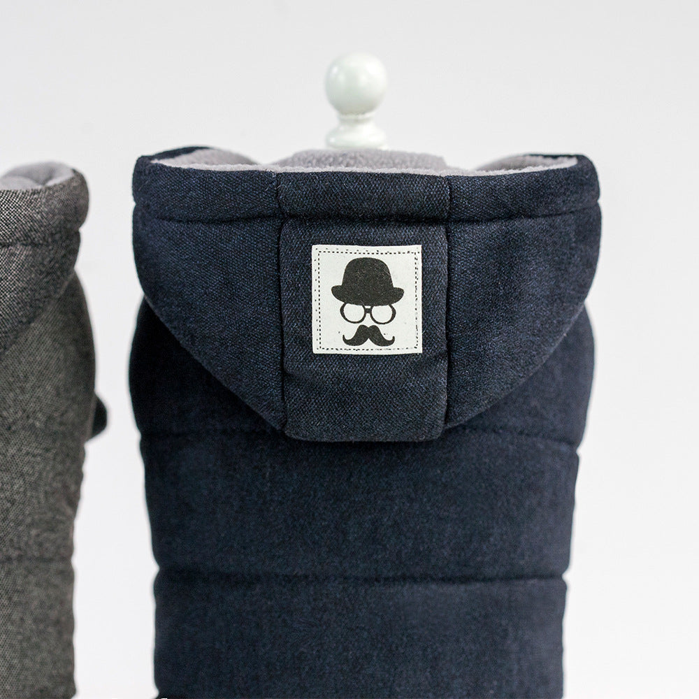 Two-leg padded cotton dog coat with moustache pattern in Grey, side view