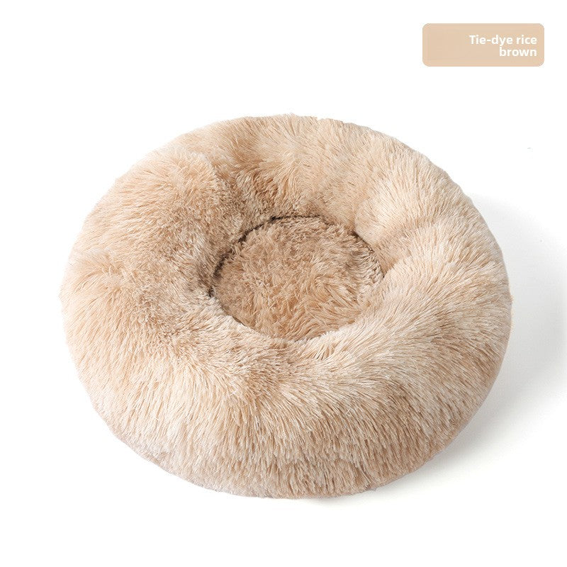 Plush round padded dog and cat bed in Tie-Dye Rice Brown